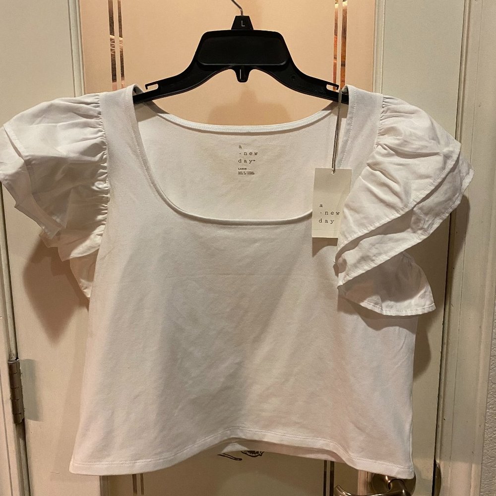 NEW A New Day - Double Ruffle Sleeve, Fun Flirty Shirt, Very Soft & Comfortable